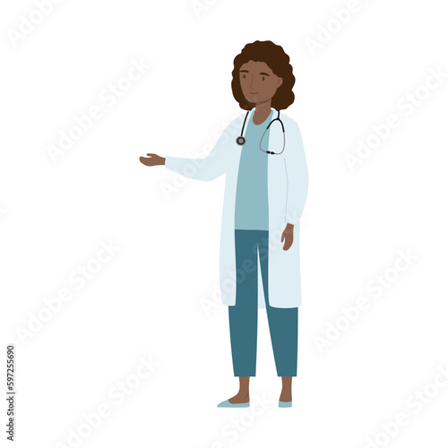 Medicine and healthcare concept. Young female doctor with stethoscope presenting, showing, pointing at smth