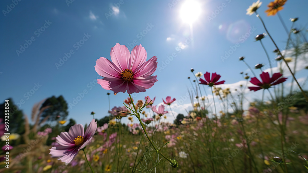 Beautiful cosmos flowers blooming in garden, generative ai