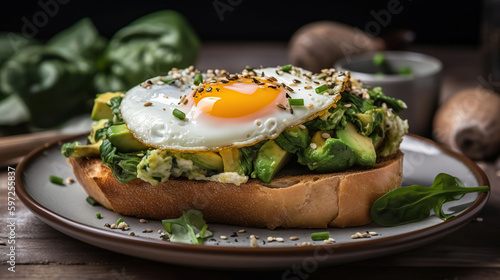 Croissant avocado toast with spinach and fried eggs. Healthy breakfast, generative ai