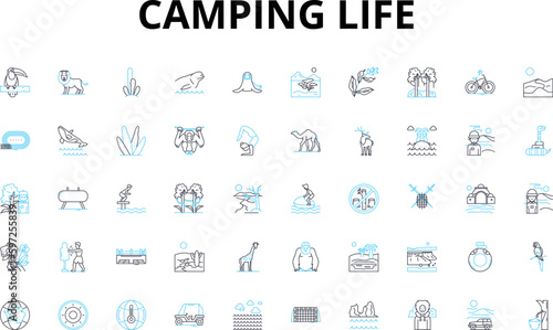 Camping life linear icons set. Adventure, Bonfire, Backpack, Tent, Hiking, Marshmallow, Nature vector symbols and line concept signs. Outdoors,Campfire,Sleepingbag illustration Generative AI