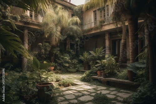 A small palm tree-filled garden at the foot of a house. Generative AI