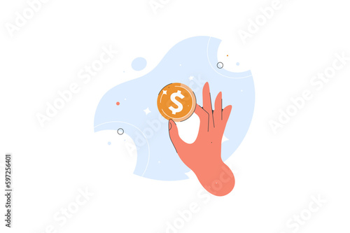 Character Hand holding gold coin. Payment flat web. Dollar pay. Online purchase, bribe or corruption concept. Receive, hold concept Business Vector illustration.