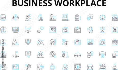 Business workplace linear icons set. Collaboration, Productivity, Communication, Efficiency, Innovation, Leadership, Teamwork vector symbols and line concept signs. Generative AI