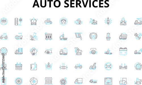 Auto services linear icons set. Maintenance, Repair, Inspection, Detailing, Oil change, Brakes, Tires vector symbols and line concept signs. Alignment,Transmission,Engine illustration Generative AI
