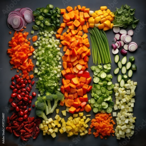 on a dark background  chopped vegetables for salad lie neatly geometrically laid out. Generative AI