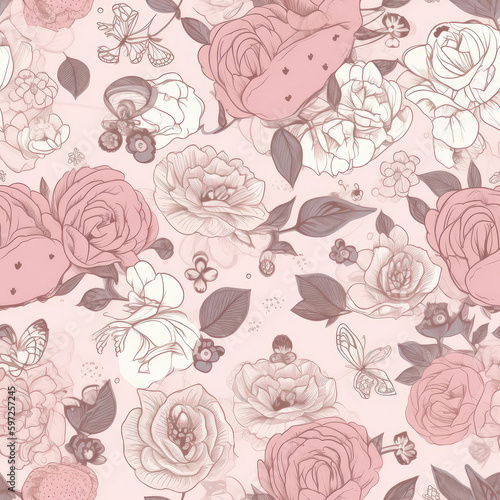 Seamless background with roses and pink colors. Generative AI