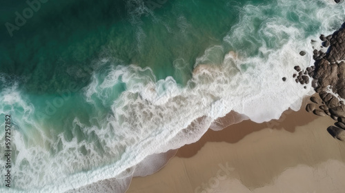 waves breaking on the rocks at a beach, aerial view, top view, generative ai
