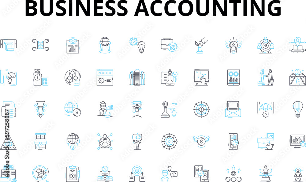 Business accounting linear icons set. Taxation, Bookkeeping, Auditing, Cashflow, Profitability, Balance-sheet, Financial-statements vector symbols and line concept signs. Generative AI Business accounting linear icons set. Taxation, Bookkeeping, Auditing, Cashflow, Profitability, Balance-sheet, Financial-statements vector symbols and line concept signs. Generative AI