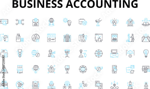 Business accounting linear icons set. Taxation, Bookkeeping, Auditing, Cashflow, Profitability, Balance-sheet, Financial-statements vector symbols and line concept signs. Generative AI