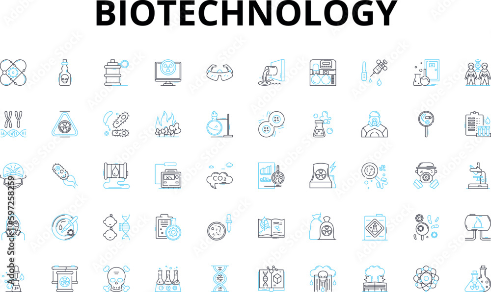 Biotechnology linear icons set. Genetic, Microorganisms, Cloning, Genome, Nanotechnology, Vaccines, Probiotics vector symbols and line concept signs. Generative AI Biotechnology linear icons set. Genetic, Microorganisms, Cloning, Genome, Nanotechnology, Vaccines, Probiotics vector symbols and line concept signs. Generative AI