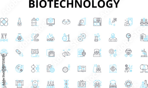 Biotechnology linear icons set. Genetic, Microorganisms, Cloning, Genome, Nanotechnology, Vaccines, Probiotics vector symbols and line concept signs. Generative AI