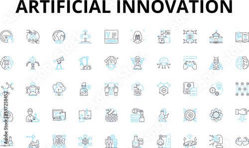 Artificial innovation linear icons set. Automation, Robotics, Machine-learning, Nanotechnology, Virtuality, Cyborgs, Teleoperation vector symbols and line concept signs. Smart Generative AI