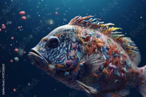 Fish made of microplastics and waste in ocean. Concept of ocean pollution.3D illustration. Generative AI photo