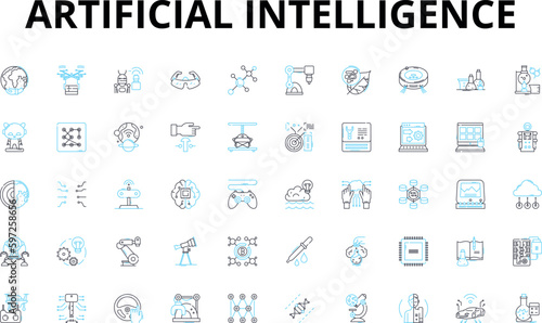 Artificial intelligence linear icons set. Algorithms, Automation, Big data, Chatbots, Cognitive, Complexity, Computational vector symbols and line concept signs. Generative AI