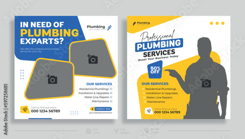 Plumbing quality service facebook banner template Free, Plumbing or plumber social media post template Premium Vector