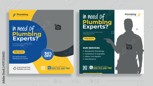 Plumbing service social media post design. Professional plumbing service flyer poster template
