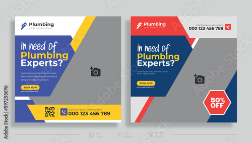 Plumbing service social media post design. Professional plumbing service flyer poster template