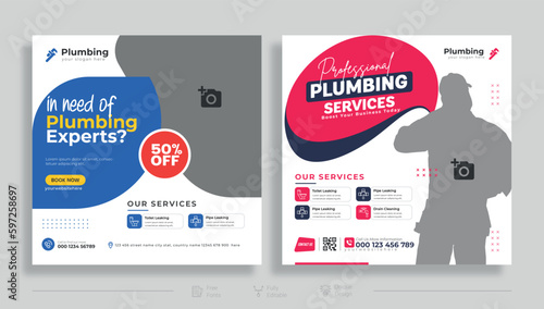 Plumbing quality service facebook banner template Free, Plumbing or plumber social media post template Premium Vector