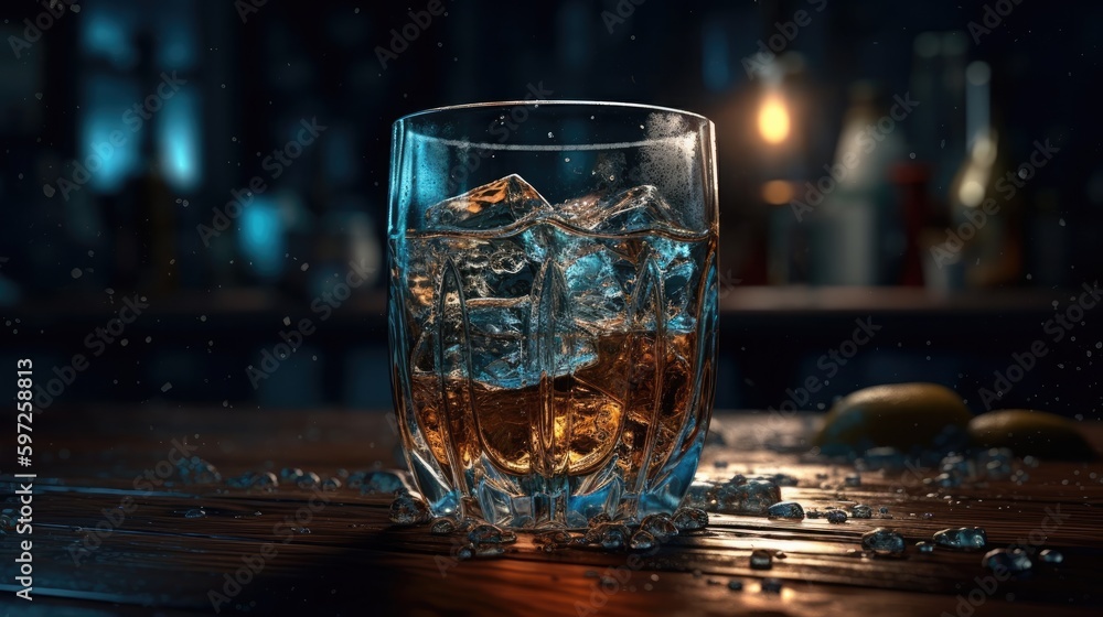 Whiskey splash in glass on wood table blur bar background,generative ai. Whiskey splash in glass on wood table blur bar background,generative ai.