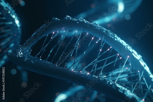 Abstract health science background featuring futuristic DNA structure on hi-tech blue. Generative AI