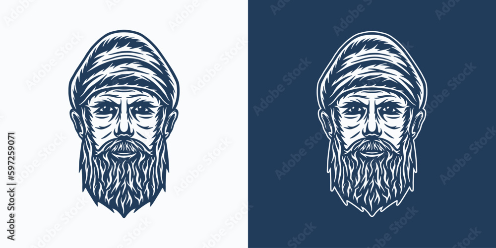 Vintage retro nautical marine adventure element. Old sea man. Can be used for emblem, logo, badge, label. mark, poster or print. Monochrome Engraving Graphic