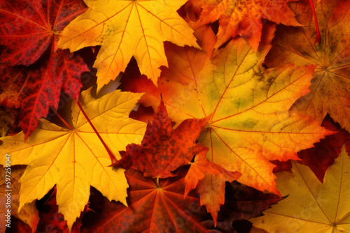 bright background with autumn maple leaves in green  orange and yellow colors. Generative AI