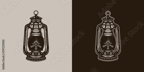 Vintage retro camping adventure travel outdoor element. Light fire lamp. Can be used for emblem, logo, badge, label. mark, poster or print. Monochrome Graphic