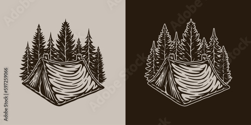 Vintage retro camping adventure travel outdoor element. Tent with forest. Can be used for emblem, logo, badge, label. mark, poster or print. Monochrome Graphic Art. Vector