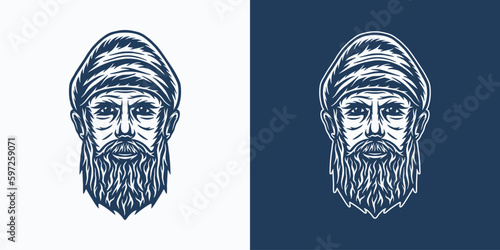 Vintage retro nautical marine adventure element. Old sea man. Can be used for emblem, logo, badge, label. mark, poster or print. Monochrome Engraving Graphic