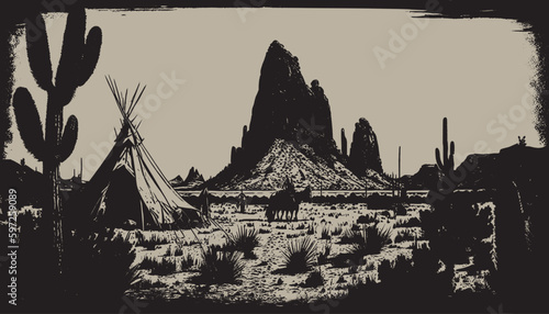 Native american western scene background. Can be used for graphic design. Wild west. Black and white. Graphic Art Vector
