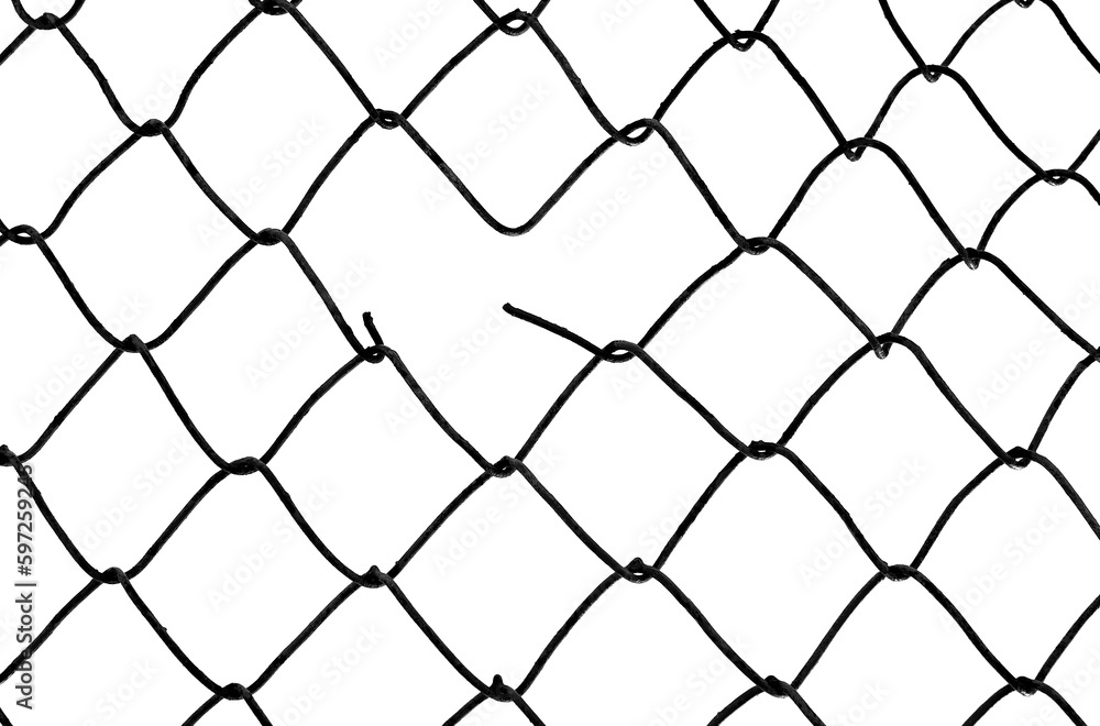 The texture of the metal mesh. Torn, destroyed, broken metal mesh on a white background The texture of the metal mesh. Torn, destroyed, broken metal mesh on a white background