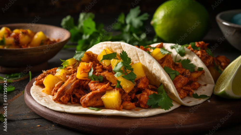 Tacos al pastor A Mexican dish consisting of marinated pork, cooked on