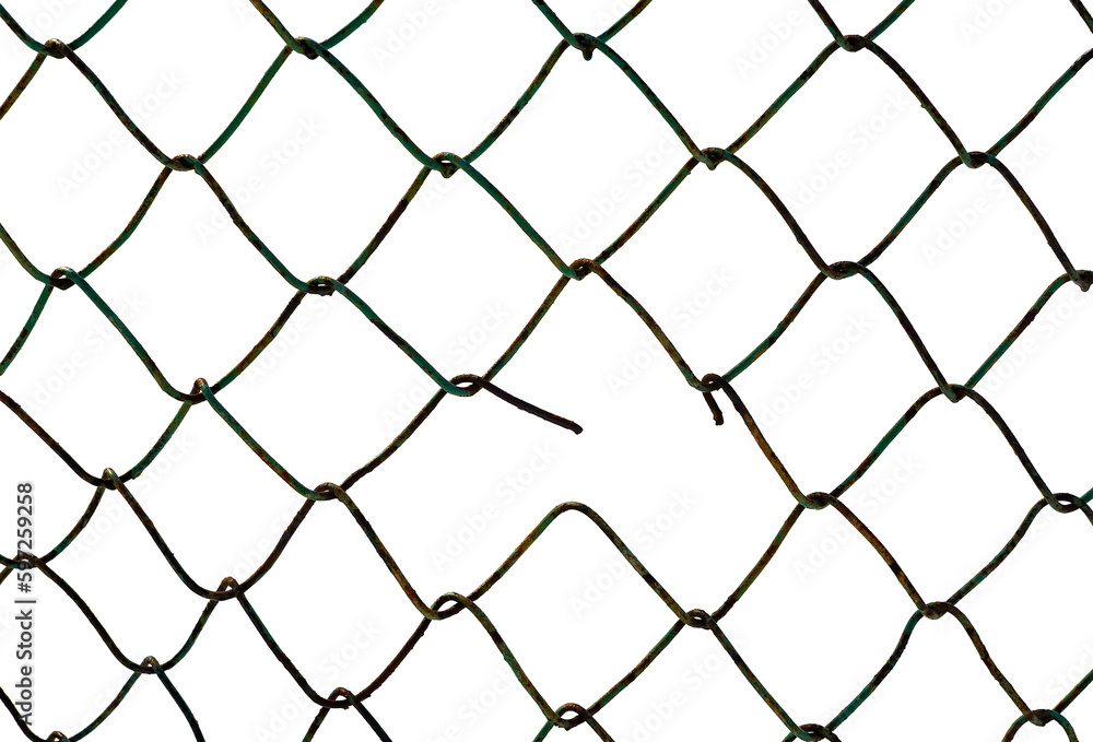 The texture of the metal mesh. Torn, destroyed, broken metal mesh on a white background The texture of the metal mesh. Torn, destroyed, broken metal mesh on a white background
