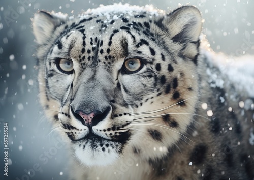 Snow leopard walking on snowy winter ground. Generative AI 
