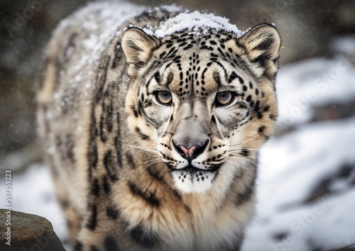 Snow leopard walking on snowy winter ground. Generative AI
