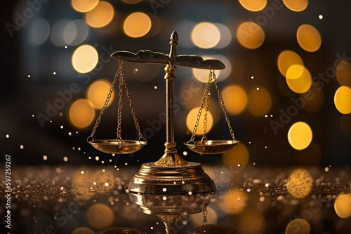 Scale of Justice on bokeh background for law concept with space for copy. Generative AI