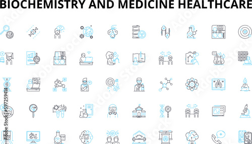 Biochemistry and medicine healthcare linear icons set. Enzymes, Proteins, Metabolism, Carbohydrates, Lipids, Genetics, Horms vector symbols and line concept signs. Generative AI