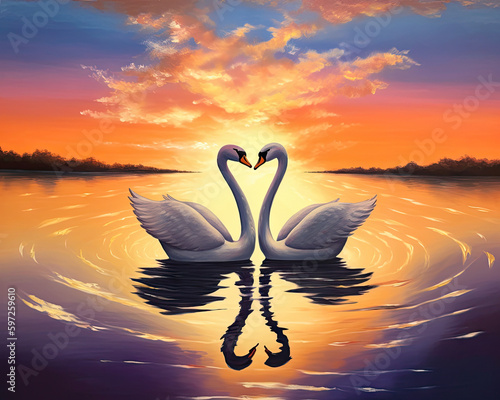 Two swans face-to-face where their necks shape like a heart indicating a deep love or swooning.  Romantic.
generative ai photo