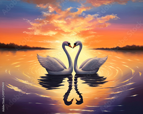 Two swans face-to-face where their necks shape like a heart indicating a deep love or swooning.  Romantic.
generative ai