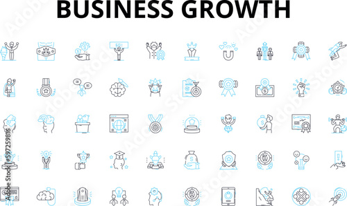 Business growth linear icons set. Expansion, Scalability, Development, Diversification, Innovation, Progress, Advancement vector symbols and line concept signs. Generative AI