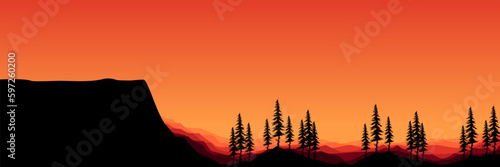 pine tree forest silhouette outdoor mountain view nature panorama vector illustration good for wallpaper, background, backdrop, banner, and design template