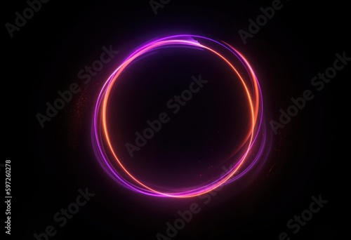 Abstract neon circle, red orange, purple glowing border isolated on a dark background. Colorful light effect. Bright illuminated circle.
