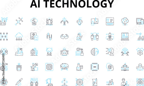 AI technology linear icons set. Intelligence, Automation, Robotics, Machinelearning, Virtualassistant, Expertsystem, Cognitivecomputing vector symbols and line concept signs. Generative AI