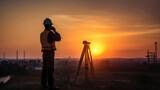 Silhouette engineer standing orders for construction crews to work on high ground heavy industry and safety concept over blurred natural background sunset pastel, generative ai