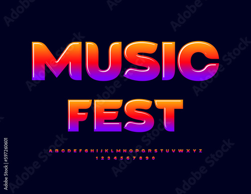 Vector Bright Emblem Music Fest. Colorful Glossy Font. Creative Artistic Alphabet Letters and Numbers set
