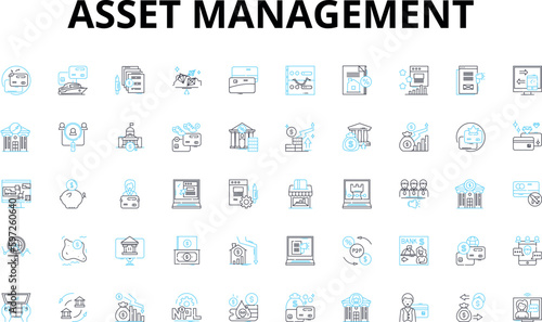 Asset management linear icons set. Investments, Portfolio, Allocation, Equity, Diversification, Risk, Performance vector symbols and line concept signs. Bonds,Security,Growth Generative AI