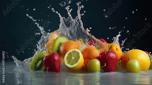 Splashing fruit on water. Fresh Fruit and Vegetables being shot as they submerged under water. Illustration of Washing fruits, generative ai