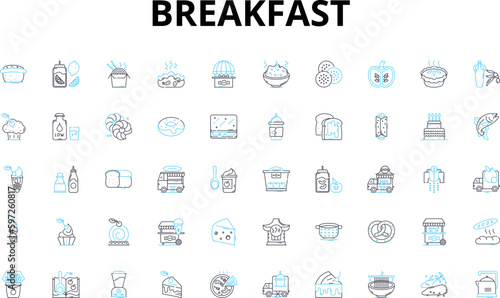 Breakfast linear icons set. Pancakes, Waffles, Omelette, Cereal, Toast, Bagel, Croissant vector symbols and line concept signs. EnglishMuffin,Bacon,Sausage illustration Generative AI