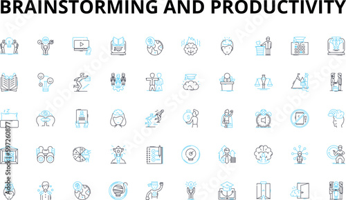 Brainstorming and productivity linear icons set. Innovation, Creativity, Collaboration, Ideas, Efficiency, Focus, Motivation vector symbols and line concept signs. Generative AI