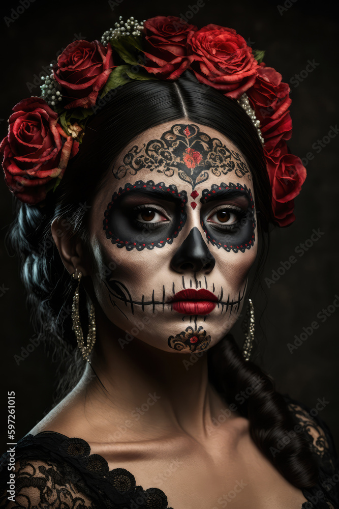 Woman with sugar skull make up and red flowers, Mexican holiday of the dead Generative AI